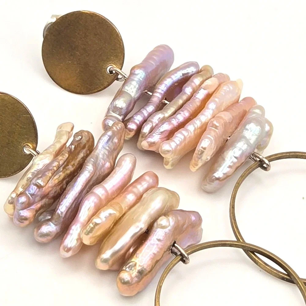 Biwa Freshwater‎ Stick Pearl Stacked Drop Earrings Brass Hoops Modern Artisan
